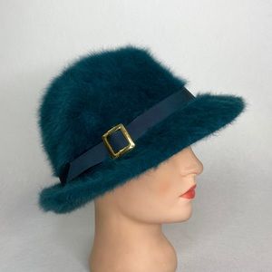 Vintage Kangol Design Made In England Green Fur Hat with Buckle Accent